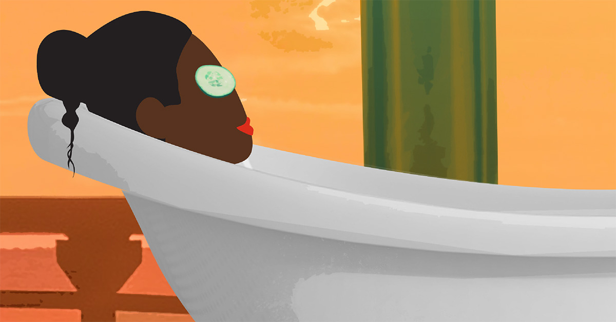 (Animated) A woman relaxes in a bathtub with cucumbers on her eyes, taking time away from her busy schedule.
