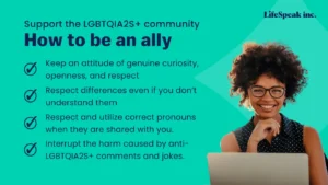 Inclusive workplace culture graphic: LGBTQIA2S+ allyship tips beside a smiling employee at her laptop.