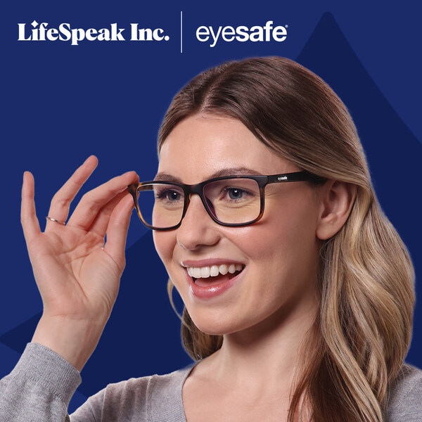 Smiling woman wearing Eyesafe blue light glasses, representing the LifeSpeak and Eyesafe partnership to support eye health during Healthy Vision Month.