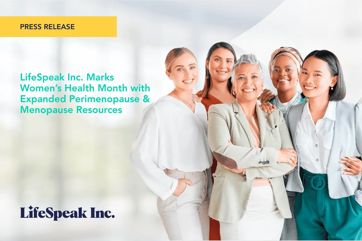 Group of diverse professional women smiling together, promoting LifeSpeak’s new fitness resources for perimenopause and menopause during Women’s Health Month