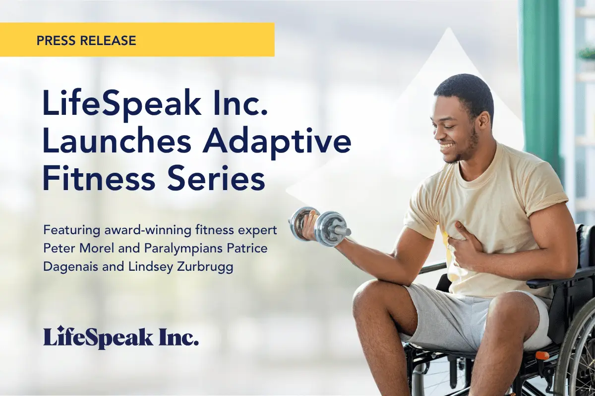 Man in a wheelchair lifting a dumbbell, promoting LifeSpeak Inc.’s new Adaptive Fitness series featuring Paralympians and expert coaches