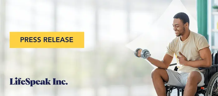Man in a wheelchair lifting a dumbbell next to 'Press Release' banner for LifeSpeak Inc.