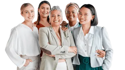 Five professional women standing together and smiling, symbolizing women’s mental health and wellbeing in the workplace