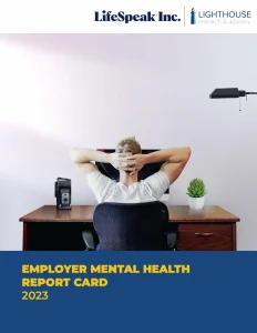 Man relaxes at desk, mental health report card cover, LifeSpeak Inc. 2023.