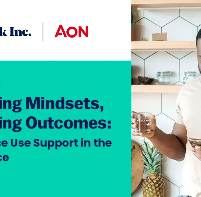 Webinar on workplace substance support by LifeSpeak and AON; person holding phone and glass.