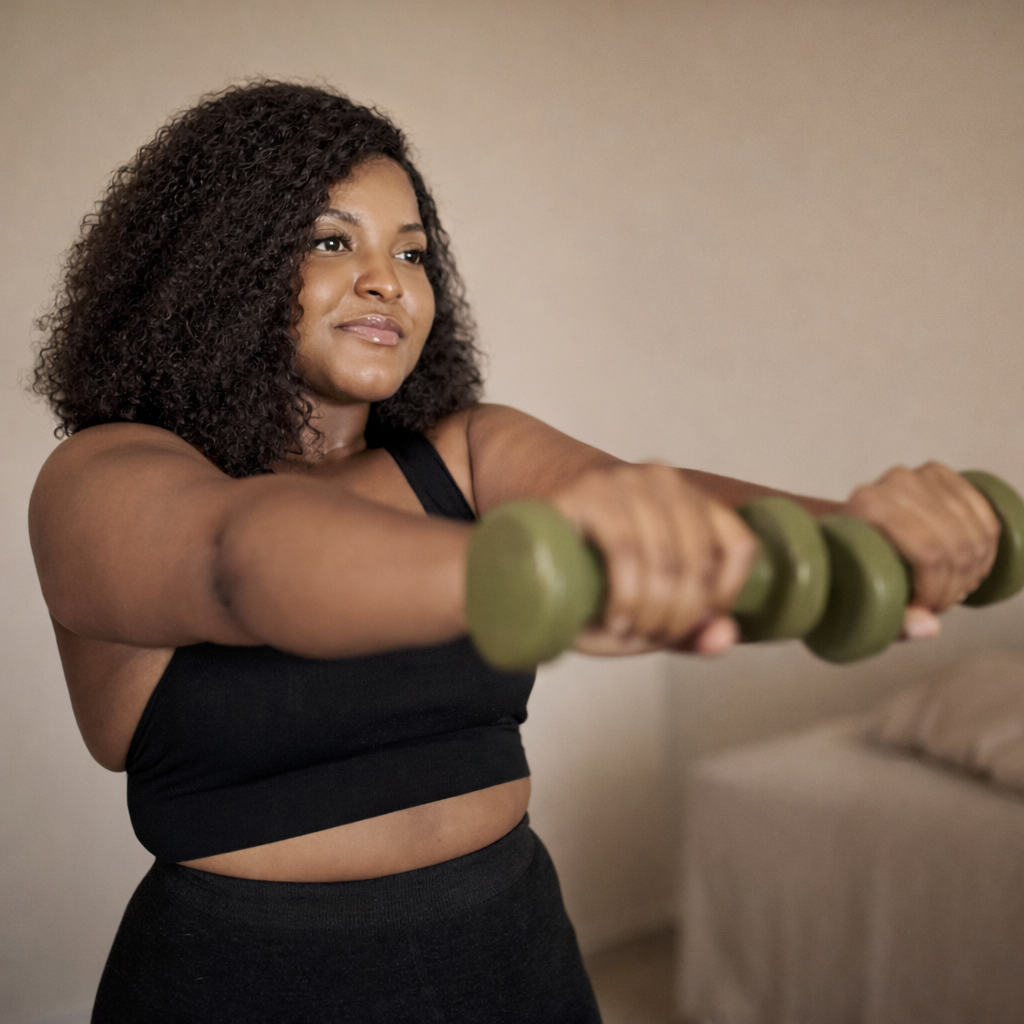Person lifting green dumbbells indoors, focused workout session.