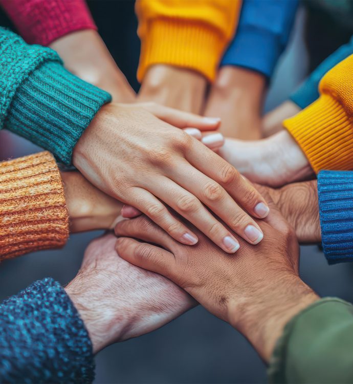 Hands of diverse people stacked in unity, wearing colorful sweaters.