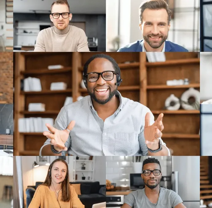 A diverse group of people on a video call, representing inclusive workplace wellness and virtual employee engagement.