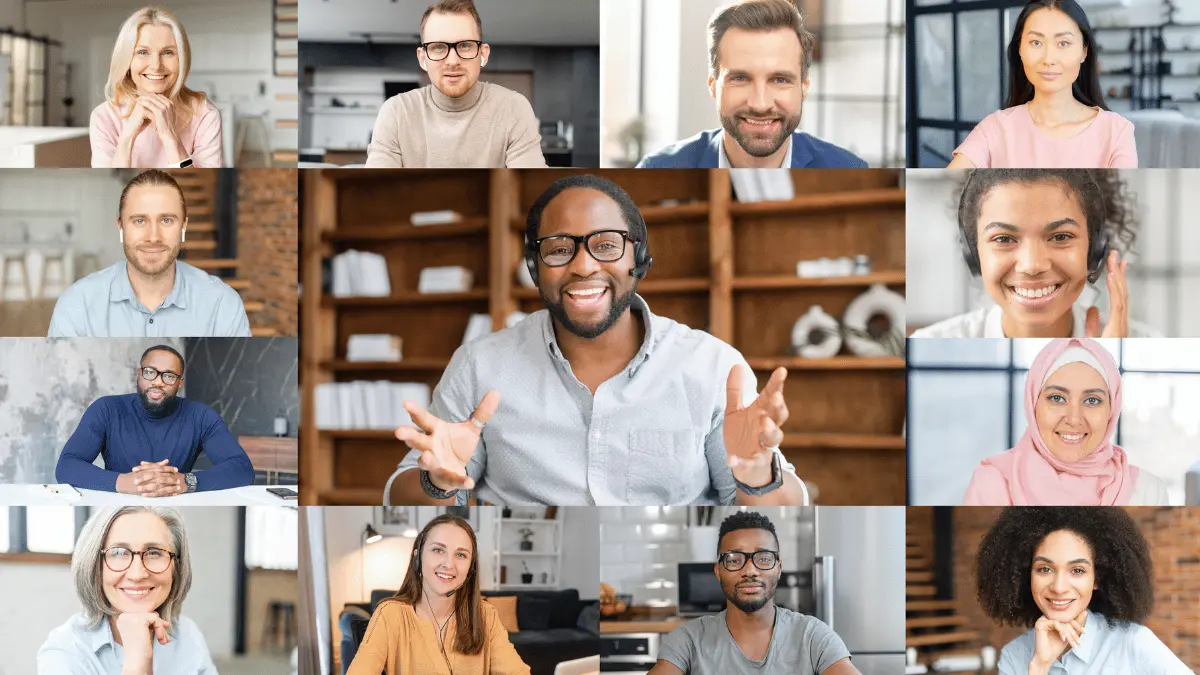A diverse group of people on a video call, representing inclusive workplace wellness and virtual employee engagement.