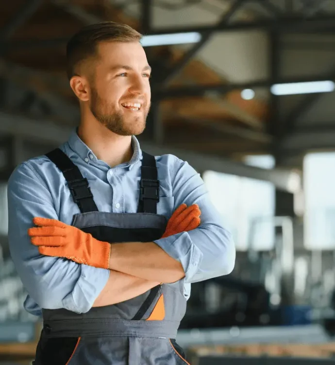 Industrial worker wearing safety gear smiling confidently, representing positive mental health at work