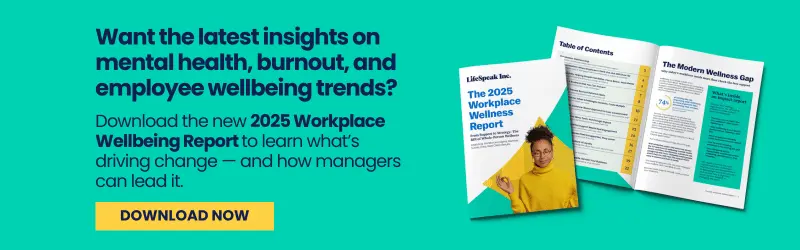 Promotional banner inviting managers to download the 2025 Workplace Wellness Report with insights on mental health, burnout, and employee wellbeing trends