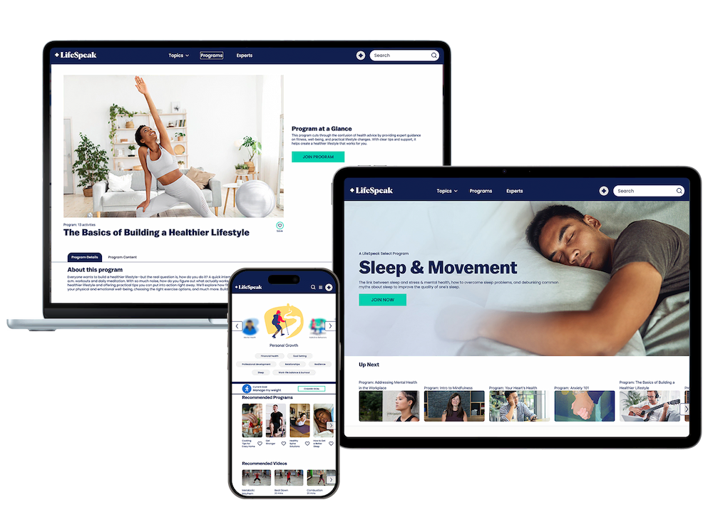 Multi-device display of LifeSpeak wellness programs on laptops and smartphone screens.