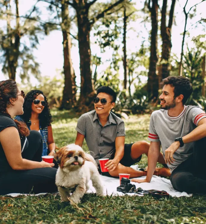 Group of friends outdoors on a picnic blanket with a small dog, symbolizing connection and wellbeing.
