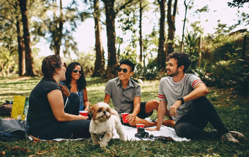 Group of friends outdoors on a picnic blanket with a small dog, symbolizing connection and wellbeing.