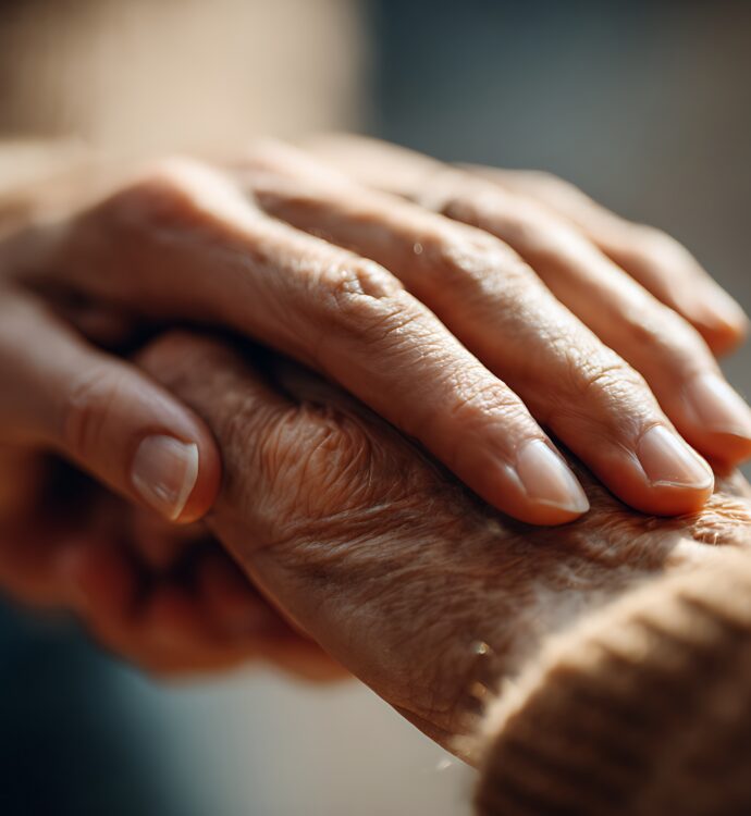 Close-up of elderly hands holding each other, symbolizing care and support.