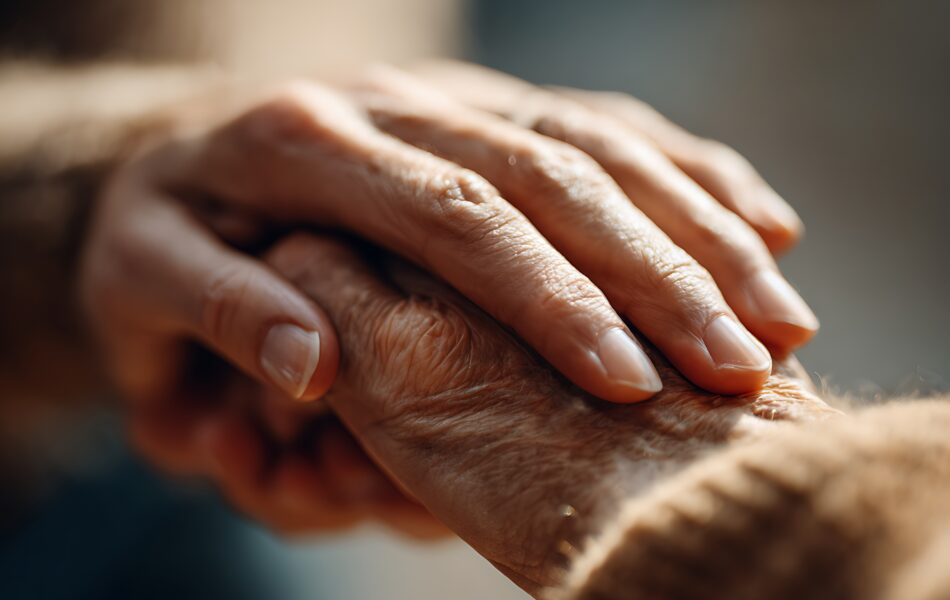 Close-up of elderly hands holding each other, symbolizing care and support.