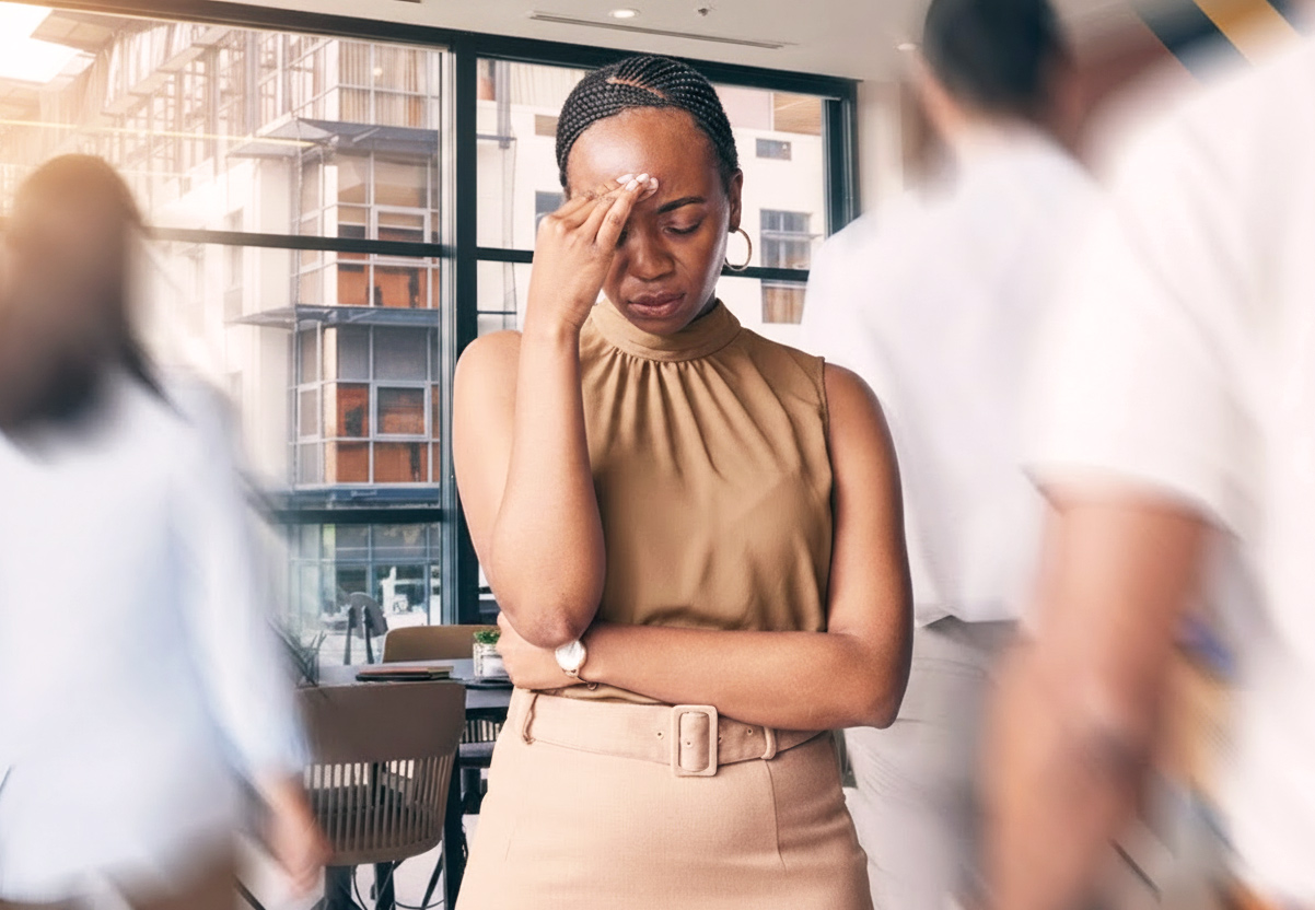 A woman stands indoors with her hand pressed to her forehead and eyes closed, appearing stressed or overwhelmed, while blurred people move around her in the foreground. Large windows and apartment buildings are visible in the background.